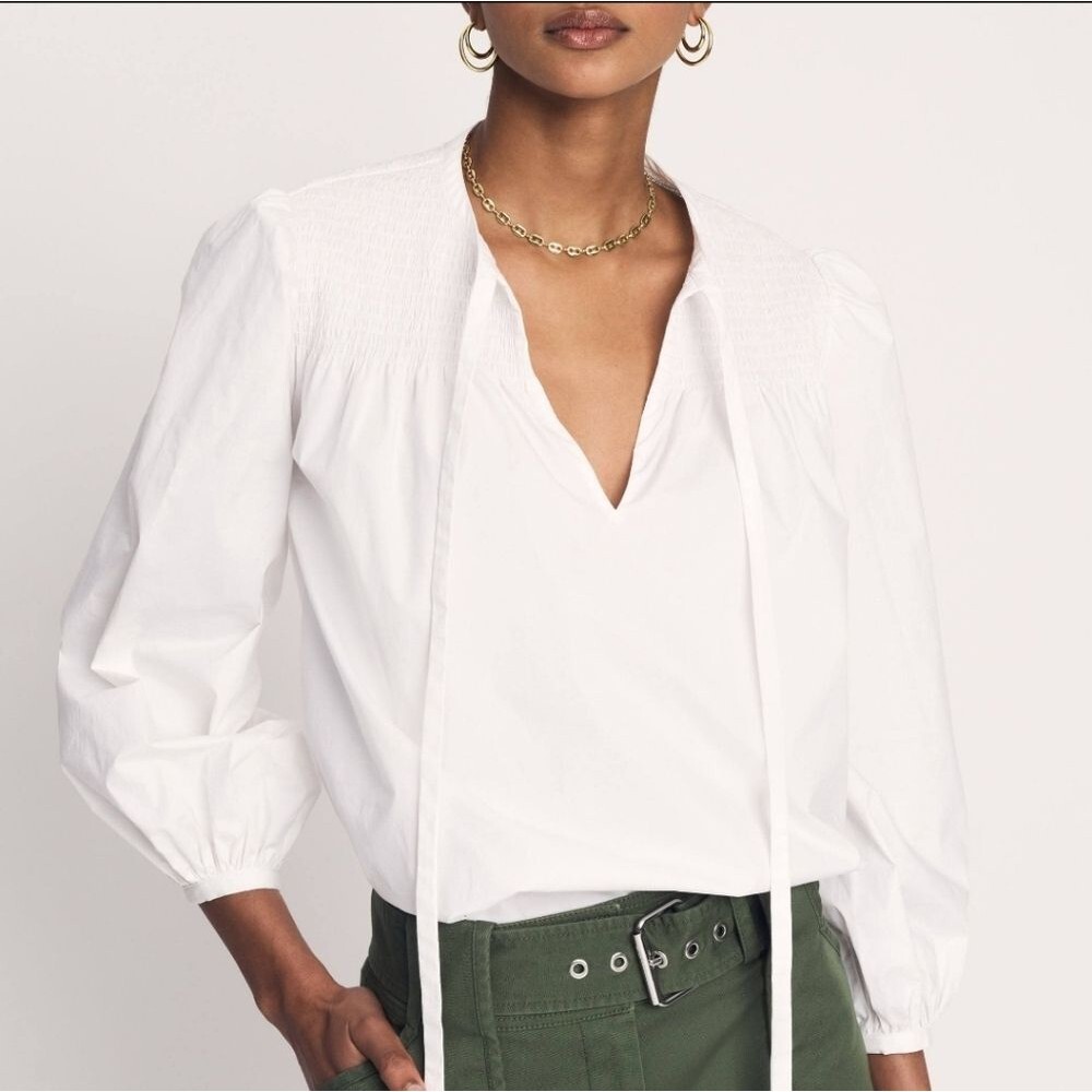 Derek Lam 10 Crosby Austin Cotton Blend Smocked Peasant Blouse Tie Neck